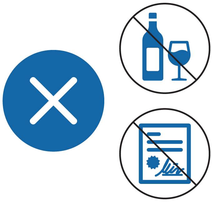 Icons depicting an x symbol, no alcohol, and no signing contracts